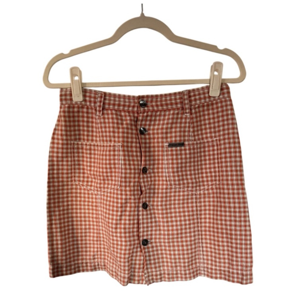 Vintage Calvin Klein Button Orange Plaid Gingham Mini Skirt - sz 10 Cottagecore